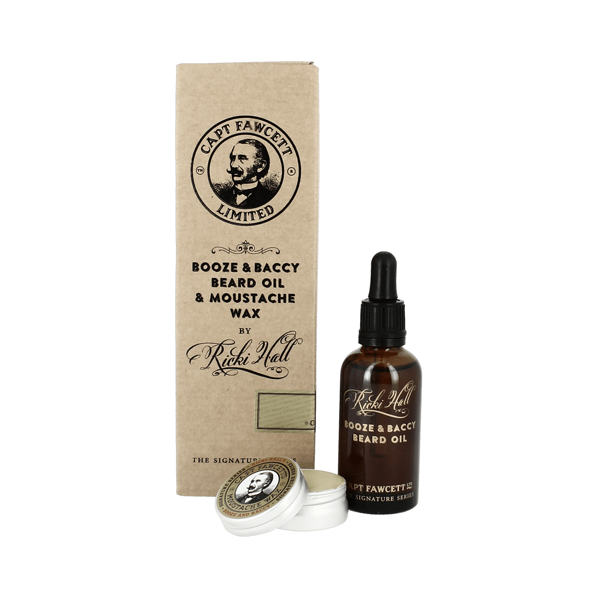Captain Fawcett Booze and Baccy Beard Oil and Moustache Wax Set
