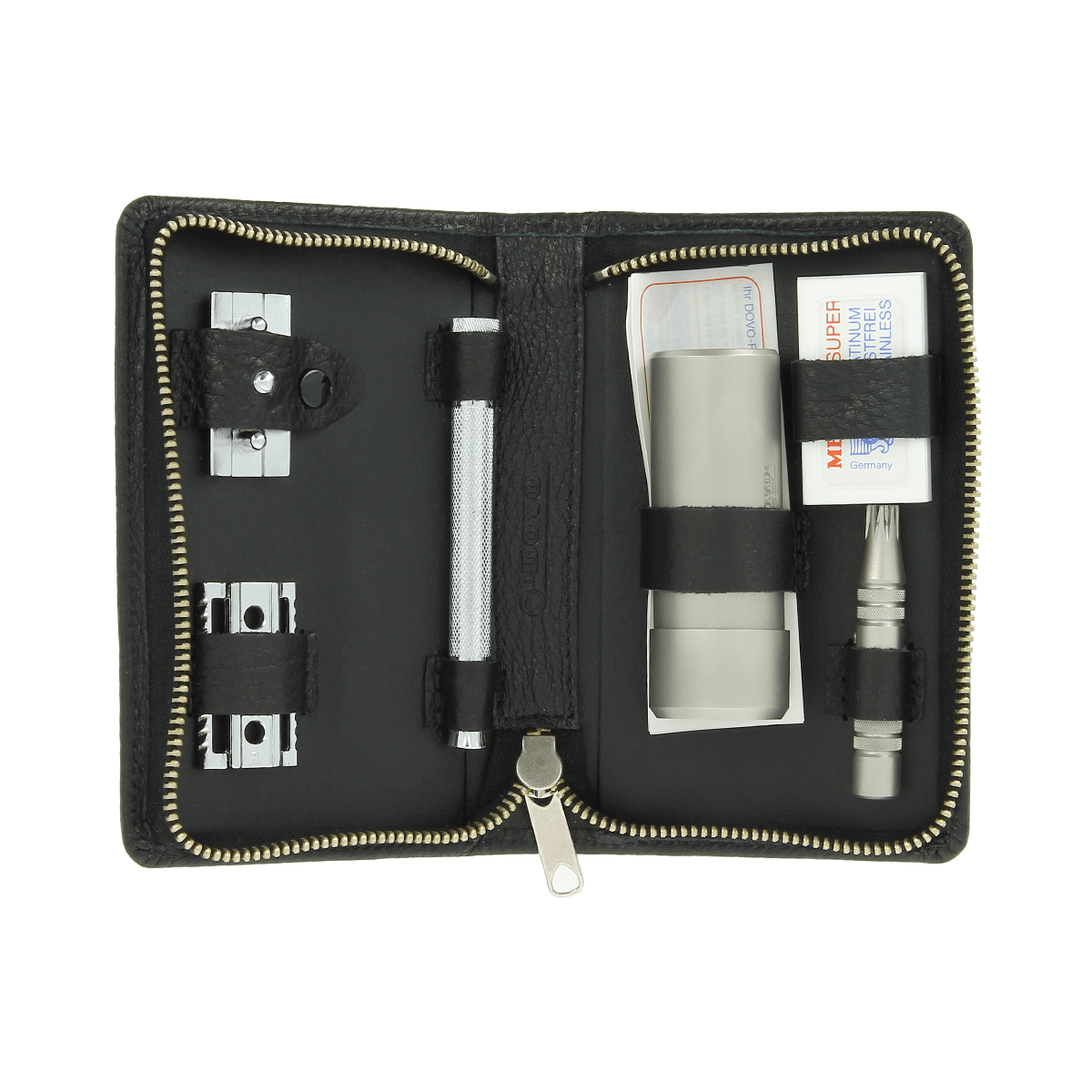 Dovo Double Edge Razor & Brush Set in Black Leather Zip Case 554016