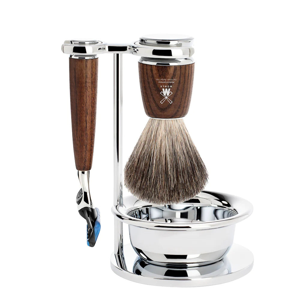 MUHLE RYTMO Steamed Ash, Gillette Fusion Razor, Pure Badger Shaving Set