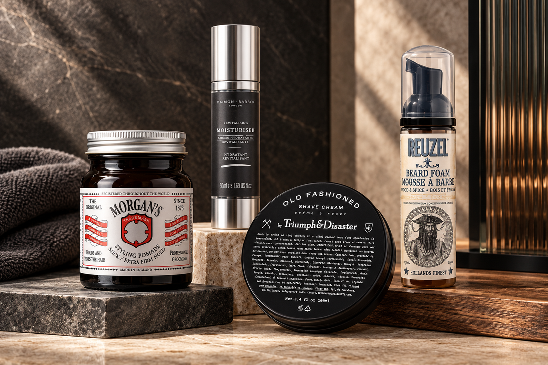 Men’s grooming routine essentials including moisturiser, shave cream, pomade and beard foam