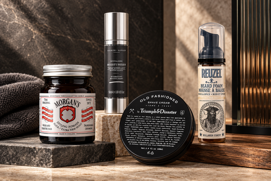 Men’s grooming routine essentials including moisturiser, shave cream, pomade and beard foam