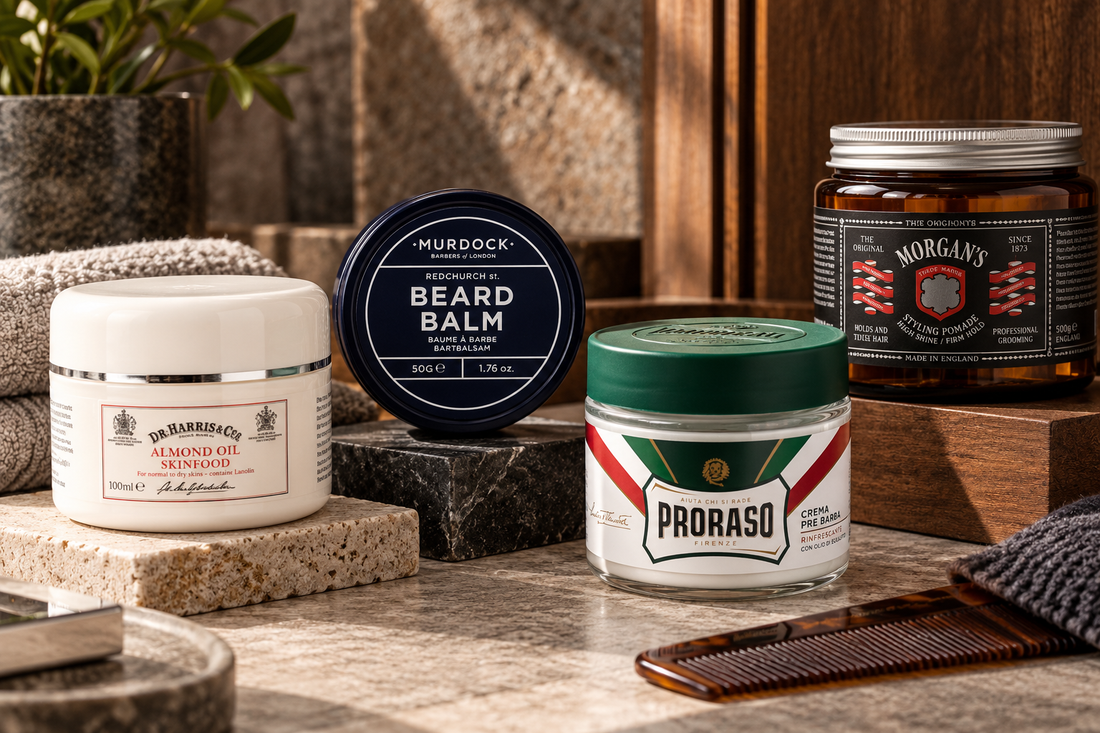 Autumn men’s grooming essentials including skincare, beard balm, pre-shave cream and hair styling pomade