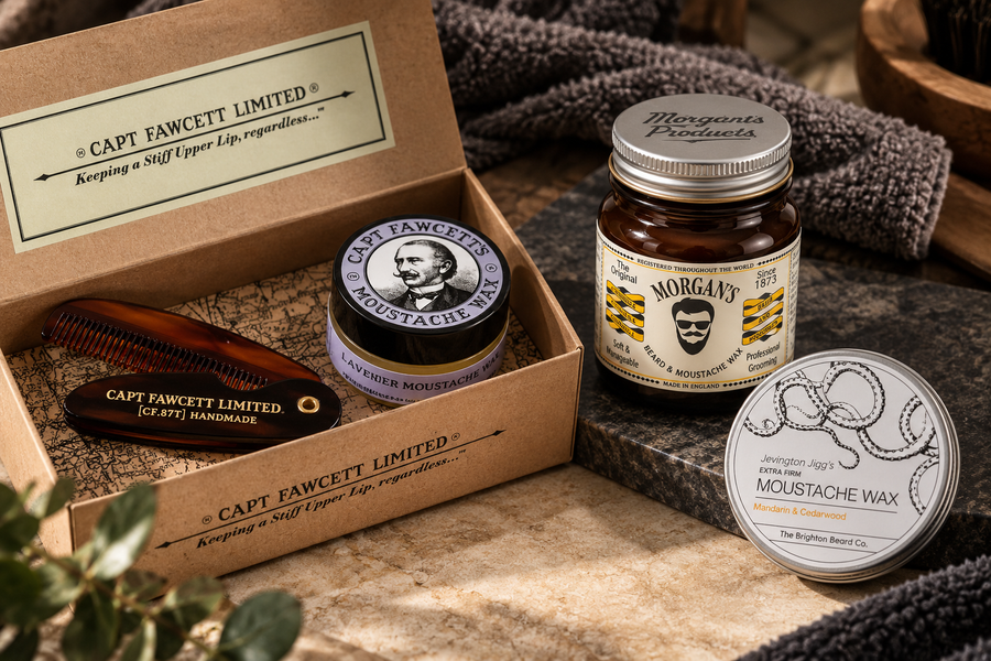 Movember moustache grooming essentials featuring Captain Fawcett, Morgan's and The Brighton Beard Co. moustache wax products.