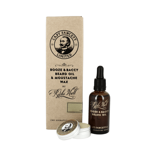 Captain Fawcett Booze and Baccy Beard Oil and Moustache Wax Set