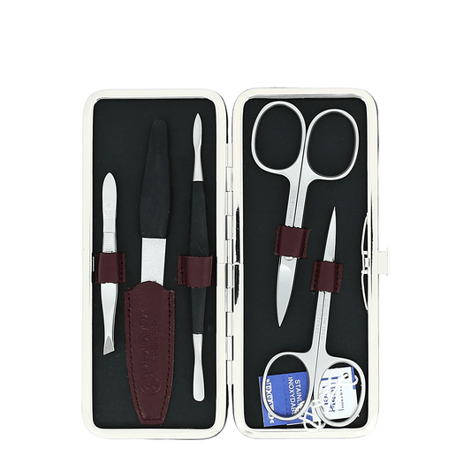 Dovo 5 Piece Manicure Set in Slim Burgundy Leather Case 301 026