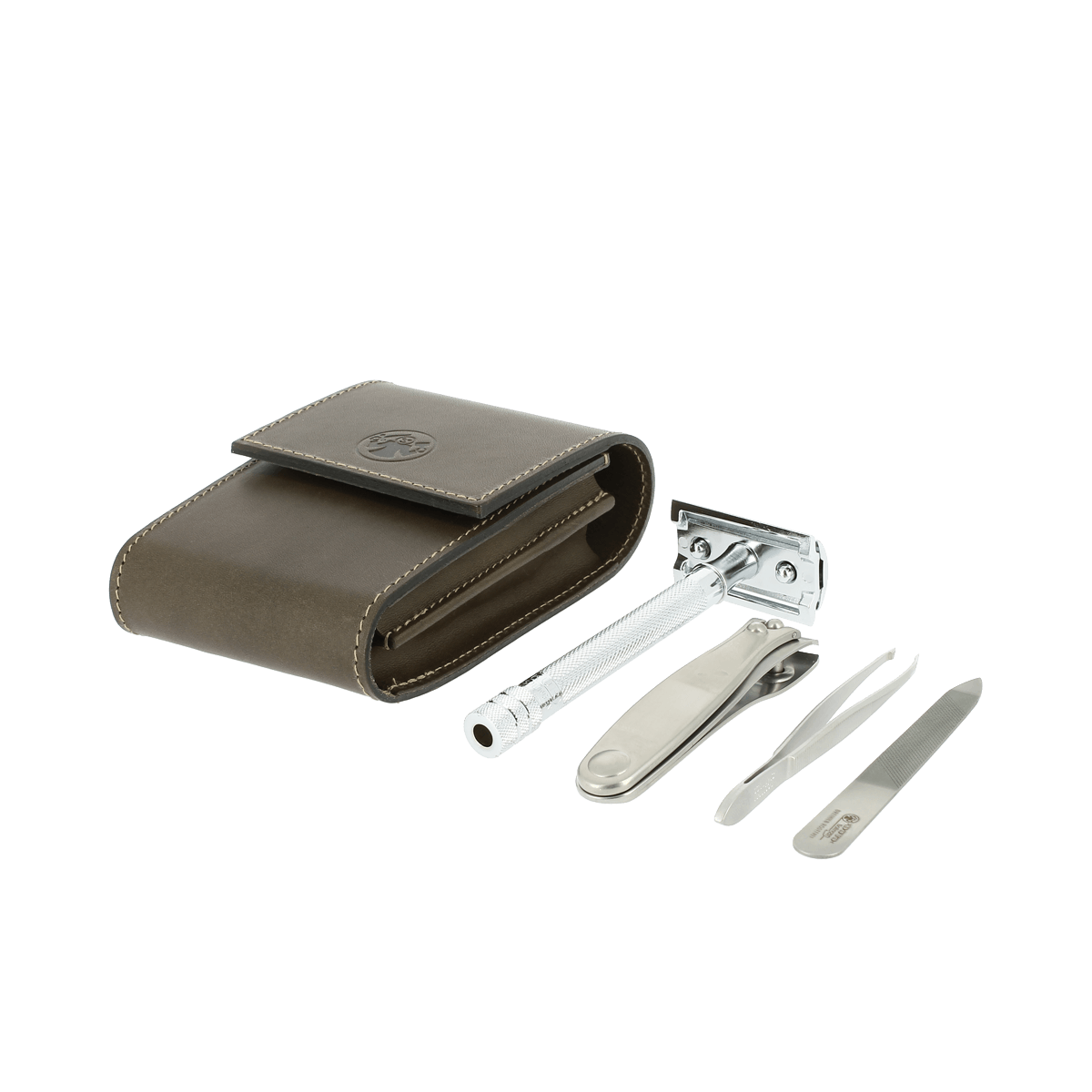 Dovo Double Edge Razor & Grooming Set Brown Leather Pouch 574056