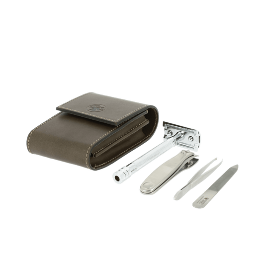 Dovo Double Edge Razor & Grooming Set Brown Leather Pouch 574056