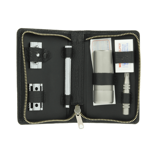 Dovo Double Edge Razor & Brush Set in Black Leather Zip Case 554016