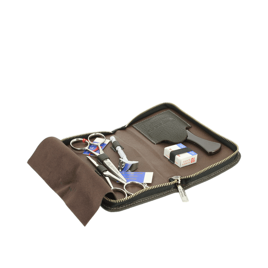 Dovo Beard and Moustache Grooming Set in Brown Leather Case 508051