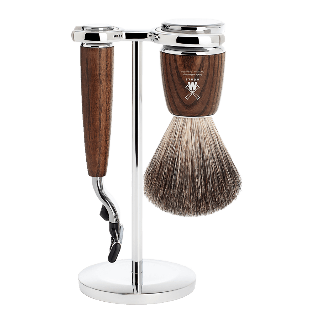 MUHLE S21 Rytmo Steamed Ash 3-Piece Pure Badger Shaving Set suitable for Mach3